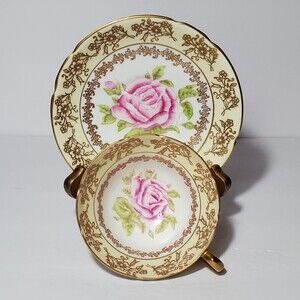 Stanley Teacup and Saucer Pink Rose Yellow Gold Vintage